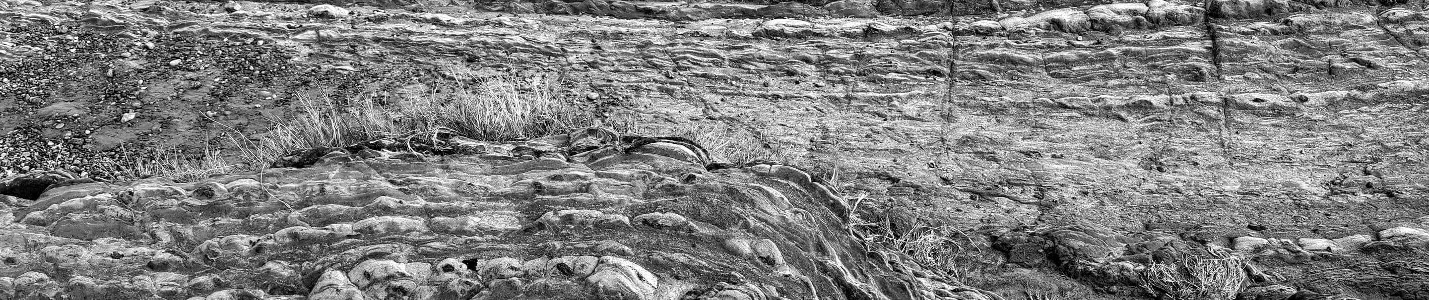 Layered rock face, black and white